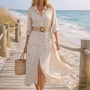 Navybleu Dress Tan & White Ikat Shirtdress M
